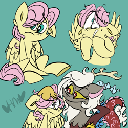 Size: 800x800 | Tagged: safe, artist:mirabuncupcakes15, character:discord, character:fluttershy, oc:eris, species:draconequus, species:pegasus, species:pony, butterscotch, duo, female, green background, male, rule 63, scared, simple background