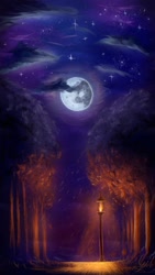 Size: 670x1192 | Tagged: safe, artist:thatonegib, cloud, falling leaves, lamppost, mare in the moon, moon, night, night sky, no pony, scenery, sky, vent art