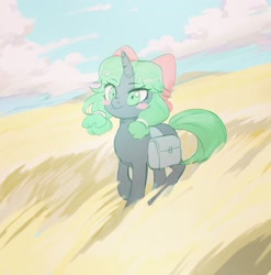 Size: 2023x2048 | Tagged: safe, artist:tingsan, oc, oc:silver bell, species:pony, species:unicorn, pony town, bag, blush sticker, blushing, bow, cloud, cloudy, hair bow, meadow, saddle bag, solo
