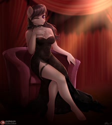 Size: 972x1080 | Tagged: safe, artist:alicesmitt31, character:octavia melody, species:anthro, species:earth pony, species:pony, species:unguligrade anthro, adorasexy, bare shoulders, beautiful, beautisexy, black dress, black nail polish, braless, breasts, busty octavia, chair, choker, cleavage, clothing, cute, digital art, dress, eyelashes, female, garter, hand on chest, hooves, leg focus, legs, little black dress, looking at you, mare, nail polish, one eye closed, patreon, patreon logo, sexy, side slit, smiling, solo, strapless, stupid sexy octavia, tavibetes, total sideslit, wink