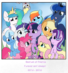 Size: 3307x3543 | Tagged: safe, artist:jubyskylines, character:applejack, character:derpy hooves, character:fluttershy, character:pinkie pie, character:princess celestia, character:princess luna, character:rainbow dash, character:rarity, character:spike, character:starlight glimmer, character:trixie, character:twilight sparkle, species:alicorn, species:dragon, species:earth pony, species:pegasus, species:pony, species:unicorn, blep, cheek fluff, chest fluff, ear fluff, end of ponies, female, happy birthday mlp:fim, high res, hug, male, mane six, mare, mlp fim's ninth anniversary, mlp: fim's 9th anniversary, mlp: fim's ninth anniversary, one eye closed, royal sisters, smiling, text, tongue out, wink