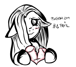Size: 3117x2775 | Tagged: safe, artist:coco-drillo, character:pinkamena diane pie, character:pinkie pie, species:earth pony, species:pony, inktober, blushing, broken, crying, damaged, female, floppy ears, frail, heartbreak, lovesick, monochrome, pinktober, scar, solo, stitches, tearing apart, teary eyes, yandere, yandere pie