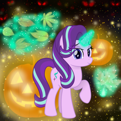 Size: 1000x1000 | Tagged: safe, artist:peahead, character:starlight glimmer, species:pony, female, halloween, holiday, leaves, magic, nightmare night, pumpkin, solo