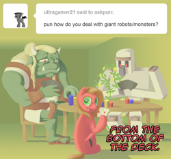 Size: 1120x1044 | Tagged: safe, artist:crispokefan, oc, oc only, oc:pun, species:earth pony, species:pony, ask pun, ask, card, card game, female, iron golem, mare, minecraft, orc, pun, solo