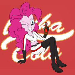 Size: 1600x1600 | Tagged: safe, artist:blondenobody, derpibooru original, character:pinkie pie, my little pony:equestria girls, alternate costumes, belly button, bottle, clothing, crossover, fallout, fanfic art, female, gloves, midriff, nuka cola, nuka girl, one eye closed, smiling, socks, solo, thigh highs, wink