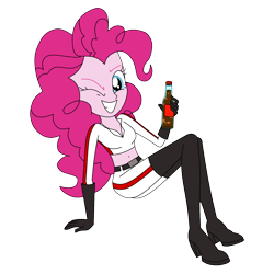 Size: 1600x1600 | Tagged: safe, artist:blondenobody, derpibooru original, character:pinkie pie, my little pony:equestria girls, alternate costumes, belly button, bottle, clothing, crossover, fallout, fanfic art, female, gloves, midriff, nuka cola, nuka girl, one eye closed, simple background, smiling, socks, solo, thigh highs, transparent background, wink