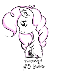 Size: 3076x3462 | Tagged: safe, artist:coco-drillo, character:pinkamena diane pie, character:pinkie pie, species:earth pony, species:pony, inktober, anime eyes, bust, chest fluff, ear fluff, female, lying down, monochrome, pinktober, portrait, solo, swing