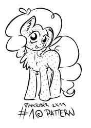 Size: 2592x3659 | Tagged: safe, artist:coco-drillo, character:pinkie pie, species:earth pony, species:pony, inktober, chest fluff, cute, dots, ear fluff, female, happy, monochrome, pattern, pinktober, polka dots, smiling, solo, standing, wavy mane