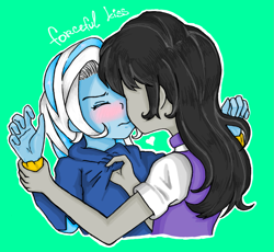 Size: 1583x1457 | Tagged: safe, artist:starwantrix, character:octavia melody, character:trixie, my little pony:equestria girls, blushing, female, kissing, lesbian, shipping, simple background, trixtavia