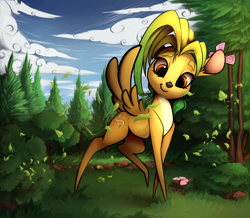 Size: 2660x2322 | Tagged: safe, artist:hitbass, oc, oc:windy leaves, species:bird, species:deer, species:peryton, species:pony, butterfly, chibi, collaboration, deer oc, forest, hybrid, insect, ladybug, leaves, original species, pale belly, pointy legs