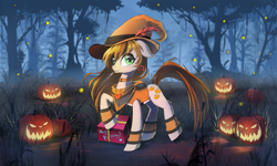 Size: 1500x900 | Tagged: safe, artist:skyeypony, oc, oc only, oc:pumpkin spice, species:earth pony, species:pony, birthday, clothing, cute, female, forest, halloween, hat, heart, holiday, jack-o-lantern, mare, neckerchief, nightmare night, pumpkin, raised hoof, solo, witch, witch hat
