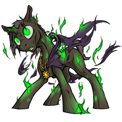 Size: 1000x1000 | Tagged: safe, artist:kalemon, species:pony, species:unicorn, fallout equestria, amulet, balefire, cape, clothing, ghoul, glowing eyes, jewelry, male, on fire, simple background, solo, transparent background, undead