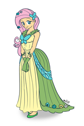 Size: 600x900 | Tagged: safe, artist:empty-10, character:fluttershy, species:human, clothing, dress, female, flower, flower in hair, gala dress, gloves, humanized, photoshop, simple background, solo, white background