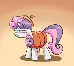 Size: 2000x1800 | Tagged: safe, artist:rocket-lawnchair, character:sweetie belle, species:pony, species:unicorn, clothing, costume, female, filly, nightmare night, pumpkin, solo, squint, sweetie belle is not amused, unamused