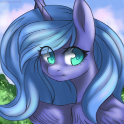 Size: 1024x1024 | Tagged: safe, artist:chickenbrony, character:princess luna, species:alicorn, species:pony, female, looking back, s1 luna, simple background, smiling, solo