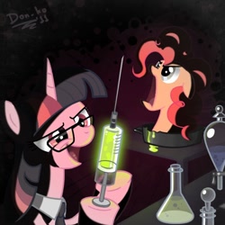 Size: 600x600 | Tagged: safe, artist:don-ko, character:pinkie pie, character:twilight sparkle, character:twilight sparkle (unicorn), species:pony, species:unicorn, g4, artifact, beaker, cthulhu mythos, disembodied head, duo, duo female, erlenmeyer flask, female, forever, glasses, glow, herbert west, laboratory, lovecraft, mad scientist, mare, necktie, needle, photoshop, re-animator, science, stand back i'm going to try science, syringe