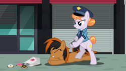 Size: 5209x2930 | Tagged: safe, artist:tsabak, character:copper top, oc, oc:mo, species:pony, arrested, bipedal, donut, female, food, gun, handgun, mare, pistol, stealing, stop right there criminal scum, vector