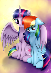 Size: 2480x3507 | Tagged: safe, artist:twidasher, character:rainbow dash, character:twilight sparkle, character:twilight sparkle (alicorn), species:alicorn, species:pegasus, species:pony, ship:twidash, abstract background, concerned, female, hug, lesbian, looking down, mare, sad, shipping, spread wings, winghug, wings, worried