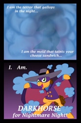 Size: 1024x1549 | Tagged: safe, artist:crazynutbob, character:cheese sandwich, species:pony, cape, clothing, comic, costume, darkwing duck, hat, mask, nightmare night, smoke