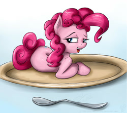 Size: 1112x993 | Tagged: safe, artist:rule1of1coldfire, character:pinkie pie, species:earth pony, species:pony, bedroom eyes, ear fluff, female, lying down, mare, open mouth, plate, smiling, solo, spoon