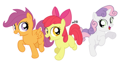Size: 938x500 | Tagged: safe, artist:empty-10, character:apple bloom, character:scootaloo, character:sweetie belle, species:earth pony, species:pegasus, species:pony, species:unicorn, g4, cutie mark crusaders, female, filly, photoshop, simple background, trio, white background