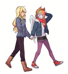 Size: 1209x1315 | Tagged: safe, artist:dcon, character:applejack, character:rainbow dash, species:human, ship:appledash, my little pony:equestria girls, applejack's hat, clothing, converse, cowboy hat, female, hat, holding hands, humanized, lesbian, shipping, shoes, winged humanization, wings, winter outfit