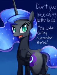 Size: 695x900 | Tagged: safe, artist:negativefox, character:nightmare moon, character:princess luna, species:alicorn, species:pony, angry, female, glare, gradient background, looking at you, looking back, mare, nightmare moonbutt, open mouth, plot, solo, tsundere moon
