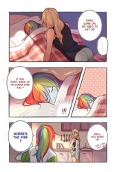Size: 871x1280 | Tagged: safe, artist:dcon, character:applejack, character:rainbow dash, ship:appledash, my little pony:equestria girls, apron, bait and switch, bed, clothing, comic, dialogue, female, kitchen, lesbian, shipping, sleeping, speech bubble