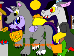 Size: 1024x768 | Tagged: safe, artist:wolfspiritclan, character:discord, oc, oc:adean ruby nights, species:alicorn, species:draconequus, species:pony, alicorn oc, animal costume, clothing, costume, nightmare night, nightmare night costume, vampire, wolf costume
