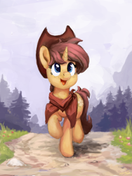 Size: 1354x1800 | Tagged: safe, artist:aemantaslim, oc, oc only, oc:buckwheat, species:pony, species:unicorn, clothing, commission, female, forest, freckles, hat, mare, path, scenery, smiling, solo, trail