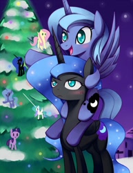 Size: 850x1100 | Tagged: safe, artist:negativefox, character:fluttershy, character:nightmare moon, character:princess celestia, character:princess luna, character:twilight sparkle, species:alicorn, species:pony, blushing, christmas, christmas tree, female, mare, ponies riding ponies, s1 luna, tree, tsundere moon