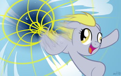 Size: 1440x900 | Tagged: safe, artist:empty-10, character:derpy hooves, species:pegasus, species:pony, g4, my little pony: friendship is magic, female, flying, mare, motion blur, photoshop, smiling, solo, sonic rainboom, sonic xboom, wormhole