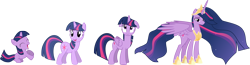 Size: 3000x775 | Tagged: safe, artist:crystalmagic6, artist:mamandil, artist:shadowdark3, artist:shelltoon, character:twilight sparkle, character:twilight sparkle (alicorn), character:twilight sparkle (unicorn), species:alicorn, species:pony, species:unicorn, episode:princess twilight sparkle, episode:the last problem, g4, my little pony: friendship is magic, .svg available, absurd resolution, age progression, blank flank, crown, cute, cutie mark, ethereal mane, eyes closed, female, filly, filly twilight sparkle, floppy ears, galaxy mane, happy, high res, hoof shoes, hoofy-kicks, jewelry, lidded eyes, long neck, looking at you, looking back, looking up, mare, older, older twilight, open mouth, peytral, princess twilight 2.0, raised eyebrow, rearing, regalia, simple background, smiling, spread wings, tiara, transparent background, twiabetes, updated, vector, wings, younger