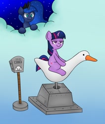 Size: 861x1017 | Tagged: safe, artist:handgunboi, character:princess luna, character:twilight sparkle, character:twilight sparkle (unicorn), species:alicorn, species:bird, species:pony, species:unicorn, cloud, colored pupils, crossover, dream, dream walker luna, female, frown, goose, gradient background, kiddie ride, leaning, lidded eyes, mare, night, parody, patrick star, reference, riding, sky, sleepy time, spongebob squarepants, stars, untitled goose game, wide eyes