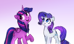 Size: 3282x1966 | Tagged: safe, artist:thefloatingtree, character:rarity, character:twilight sparkle, character:twilight sparkle (alicorn), species:alicorn, species:pony, species:unicorn, ship:rarilight, colored sketch, female, gradient background, lesbian, mare, shipping, smiling