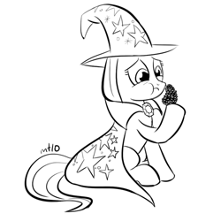 Size: 500x500 | Tagged: safe, artist:empty-10, character:trixie, species:pony, species:unicorn, g4, female, lineart, mare, meme, monochrome, photoshop, pinecone, simple background, solo, trixie eating pinecones