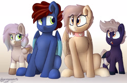 Size: 1920x1250 | Tagged: safe, artist:perezadotarts, oc, species:pegasus, species:pony, colored, digital art, drawing, fanart, female, filly, group, looking at each other, request, requested art, simple background, smiling, wings