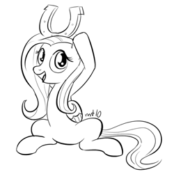 Size: 500x500 | Tagged: safe, artist:empty-10, character:fluttershy, species:pegasus, species:pony, g4, female, horseshoes, lineart, mare, meme, monochrome, photoshop, shoe on head, simple background, sitting, solo