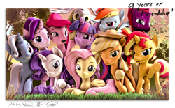 Size: 4140x2560 | Tagged: safe, artist:alicorntwilysparkle, artist:calveen, artist:whiteskyline, character:applejack, character:derpy hooves, character:fluttershy, character:pinkie pie, character:rainbow dash, character:rarity, character:starlight glimmer, character:sunset shimmer, character:tempest shadow, character:trixie, character:twilight sparkle, character:twilight sparkle (alicorn), species:alicorn, species:earth pony, species:pegasus, species:pony, species:unicorn, 3d, absurd resolution, applejack's hat, border, clothing, cowboy hat, ditzy doo, eye scar, female, forest, grass, grin, group photo, group shot, hat, horn, looking at you, lying down, mane six, mare, missing accessory, nose wrinkle, one eye closed, outdoors, raised hoof, revamped ponies, scar, signature, smiling, smirk, source filmmaker, sunset, text, tree, upside down, wall of tags, wings, wink, writing