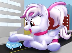 Size: 2778x2043 | Tagged: safe, artist:bladedragoon7575, oc, oc:windbreaker, species:pegasus, species:pony, balloon, balloon pony, car, city, commission, female, giant pony, high res, inflatable pony, macro, mare, open mouth, solo, squeak, vehicle
