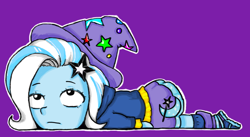 Size: 1334x733 | Tagged: safe, artist:starwantrix, character:trixie, my little pony:equestria girls, barrette, clothing, cute, diatrixes, female, hat, inconvenient trixie, magician, parody, purple background, simple background, skirt, solo, wizard, wizard hat
