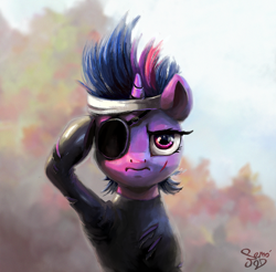 Size: 1500x1477 | Tagged: safe, artist:nemo2d, character:twilight sparkle, character:twilight sparkle (unicorn), species:pony, species:unicorn, alternate hairstyle, big boss, catsuit, clothing, eyepatch, female, future twilight, headband, mare, press f to pay respects, salute, solo, torn clothes