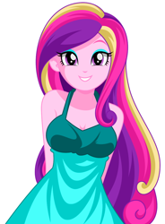 Size: 832x1128 | Tagged: safe, artist:rosemile mulberry, character:dean cadance, character:princess cadance, my little pony:equestria girls, adorasexy, breasts, cleavage, clothing, cute, cutedance, dress, female, hands behind back, looking at you, sexy, simple background, smiling, solo