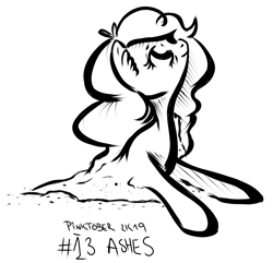 Size: 3662x3533 | Tagged: safe, artist:coco-drillo, character:pinkie pie, species:earth pony, species:pony, inktober, ash, dark, disintegration, dying, ear fluff, female, monochrome, old, pinktober, solo