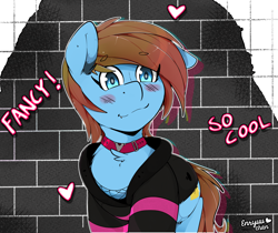 Size: 2396x2011 | Tagged: safe, artist:enryuuchan, oc, oc:dimi, species:earth pony, species:pony, blushing, brick wall, clothing, collar, fishnet clothing, heart, male, solo, text