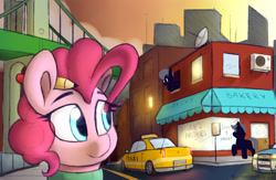 Size: 1920x1250 | Tagged: safe, artist:perezadotarts, character:pinkie pie, species:earth pony, species:pony, awning, bakery, bridge, building, car, city, cityscape, cloud, eye, eyes, figure, happy birthday mlp:fim, lamp, lamppost, light, lights, microsoft, mlp fim's ninth anniversary, pencil, police car, road, shop, sidewalk, sky, smiling, street, taxi, vehicle, windows