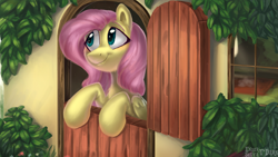 Size: 1920x1080 | Tagged: safe, artist:enderselyatdark, character:fluttershy, species:pegasus, species:pony, blue eyes, bust, cute, door, female, fluttershy's cottage, folded wings, looking away, looking up, mare, pink hair, scenery, shyabetes, smiling, solo, three quarter view, wings
