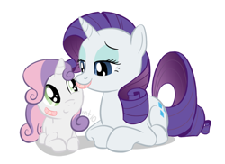 Size: 600x436 | Tagged: safe, artist:empty-10, character:rarity, character:sweetie belle, species:pony, species:unicorn, g4, bandaid, belle sisters, female, filly, first aid, injured, mare, photoshop, prone, simple background, white background