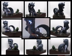Size: 2718x2132 | Tagged: safe, artist:prodius, oc, oc only, oc:orchid, boat, commission, craft, female, figurine, glowing cutie mark, glowing eyes, irl, kaiju, kaiju pony, macro, photo, pier, sculpey, sculpture, solo, standing in water, traditional art, tree