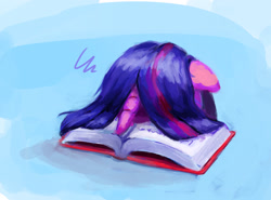 Size: 1280x948 | Tagged: safe, artist:aemantaslim, character:twilight sparkle, species:pony, newbie artist training grounds, atg 2019, book, bookhorse, facebooking, faceplant, female, floppy ears, solo